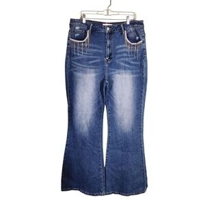 Risen High Rise Rhinestone Fringe Flare Jeans, Sz 3XL